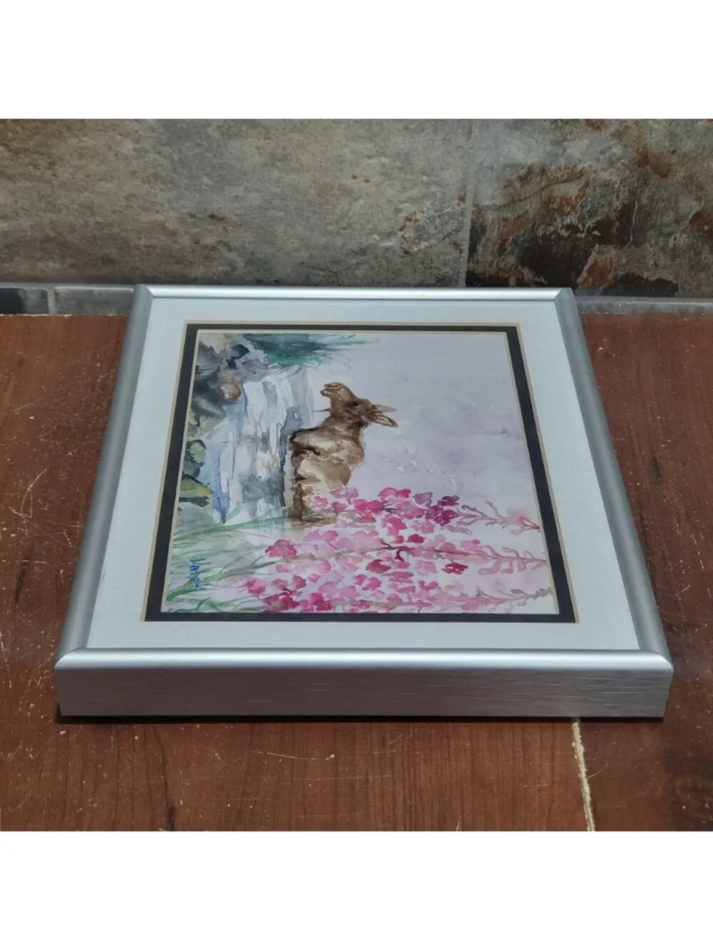 Watercolor Painting Art Print Moose in Water Pink Flower Signed MarLynk